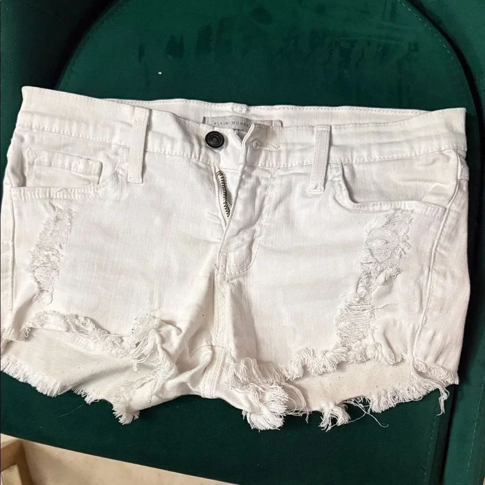 White Distressed Women Jean Shorts - Size 27 Stretch Denim Shorts